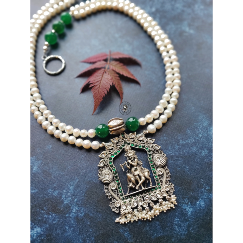 Gargi White Freshwater Pearls Green Onyx And Silver Necklace With Handcrafted Krishna Silver Pendant Mrinmayee Born From The Earth Gargi White Freshwater Pearls Green Onyx And Silver Necklace With Handcrafted Krishna Silver Pendant Mrinmayee Born From The Earth