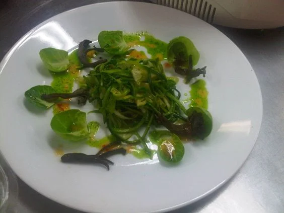Zucchini Spaghetti, Black Trumpets, & Brussels Leaves w Zucchini Sauce (and Monkfish "working")