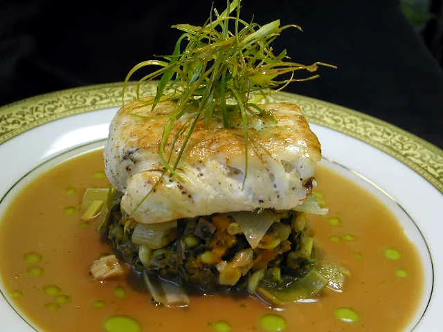 Pan-roasted Wild Halibut w Wild Mushrooms, Leeks, and Green Chard