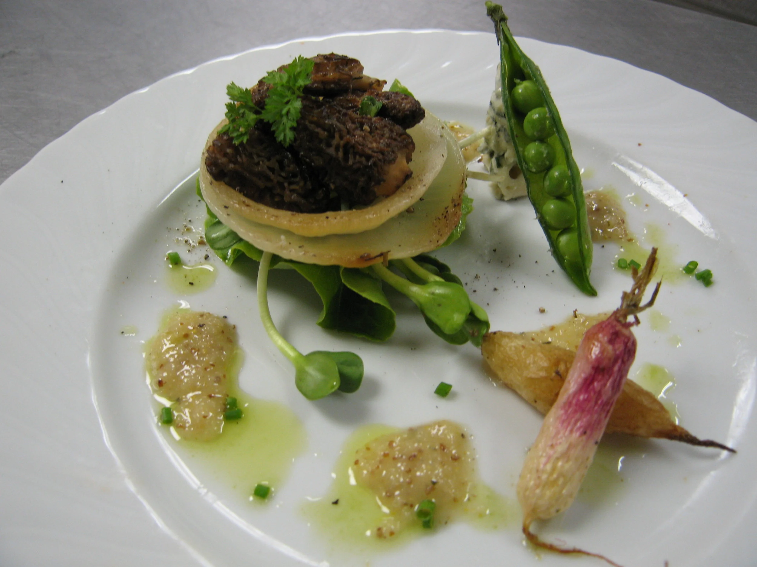 Morels & Peas w Roasted Vidhalia Onion Vinaigrette