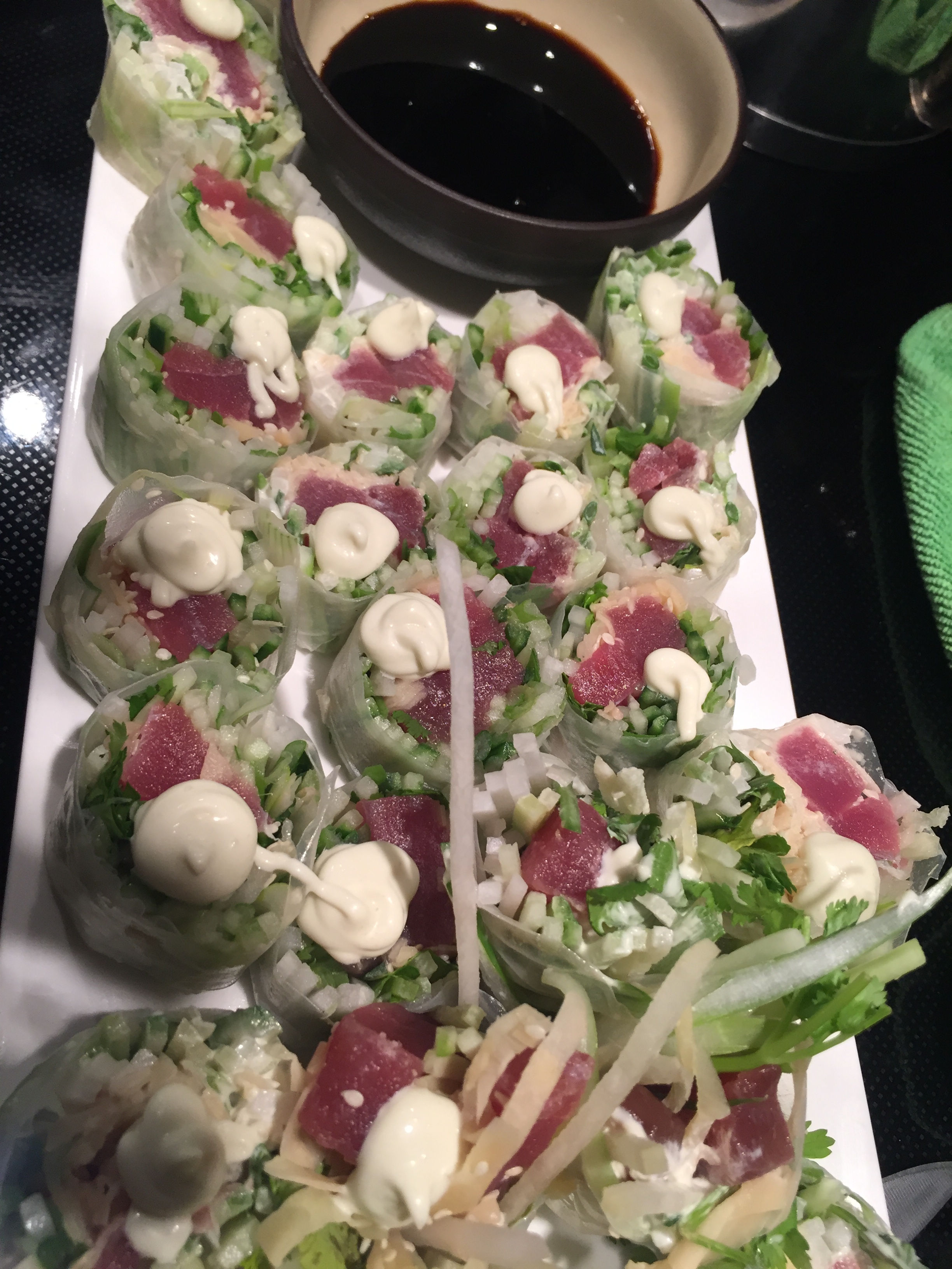 Tuna Rolls w Lime Radish, Cuke, Greens, House-pickled Ginger, and Wasabi Mayo