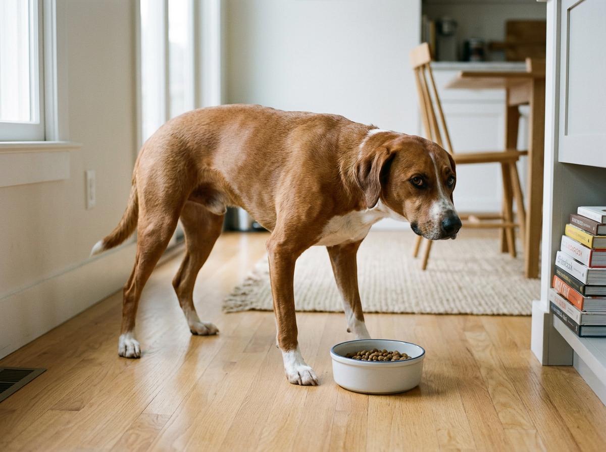 dog standing over food bowl