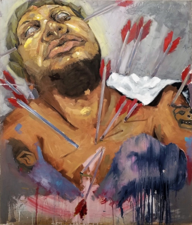 Mike Wagner, the slings and arrows of adoration (tragic hero #1), 2018, oil on panel 57 x 48 inches. Image courtesy of Bridge Productions.