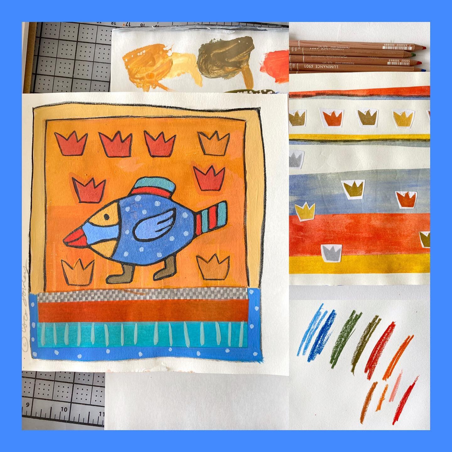 Sketchbook Explorations. 
I love to keep using different art materials and combinations when I make sketchbook pages. The fish was a hand printed stamp which I glued down and then kept adding collage materials. Acryla gouache, colored pencil, and tre