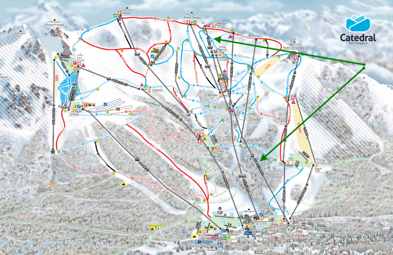 Use Cables Carril and Lynch to get to the top (green arrows). This map is based off of the official downloadable map: https://www.catedralaltapatagonia.com/mapa_pistas.php . We hope to encourage tourism to Cerro Catedral given its beauty and splendor.
