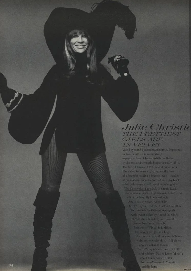  Vogue August 1968 - Model Julie Christie, Photography Richard Avedon, Boots Palmroth   Julie Frances Christie  (born 14 April 1940) [1]   is  a British actress. Christie's accolades include an  Academy Award ,  a BAFTA Awar  d ,  a Golden G  lobe , 