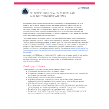 MTSS Resource: Selecting High Quality Curricular and Intervention Materials