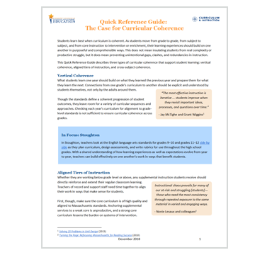 Quick Reference Guide: The Case for Curricular Coherence