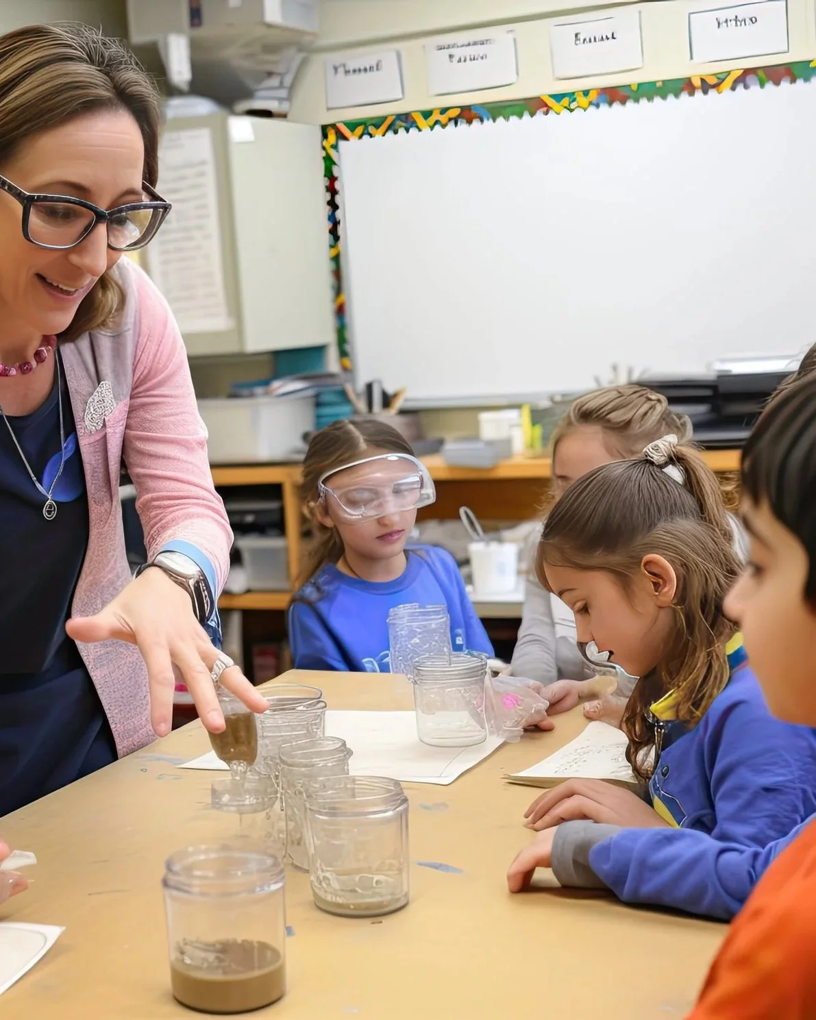 Teacher and students working on a science experiment