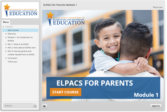 Screenshot of the ELPACs for Parents course start page