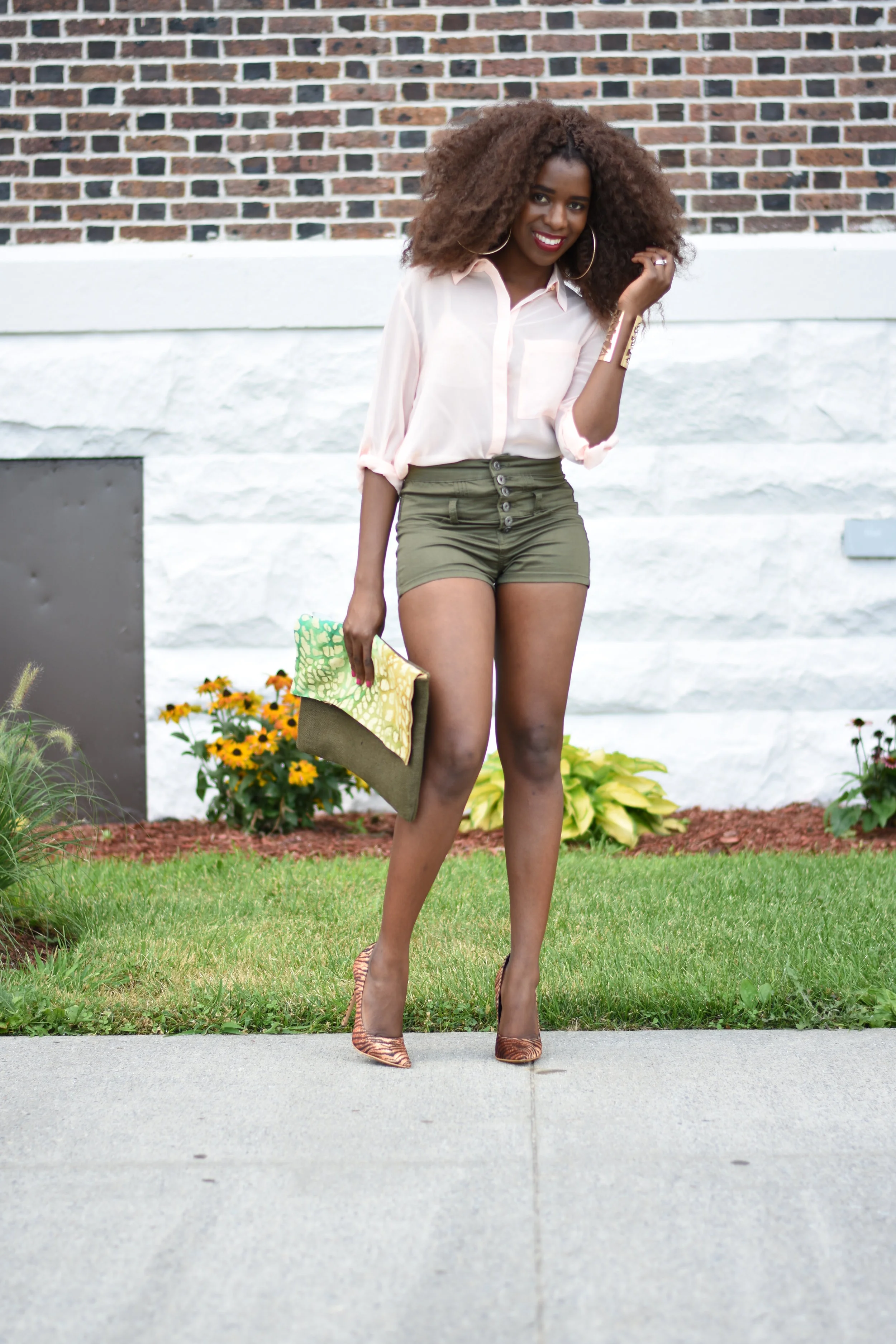 High-Waisted Shorts w/ Button Down Shirt
