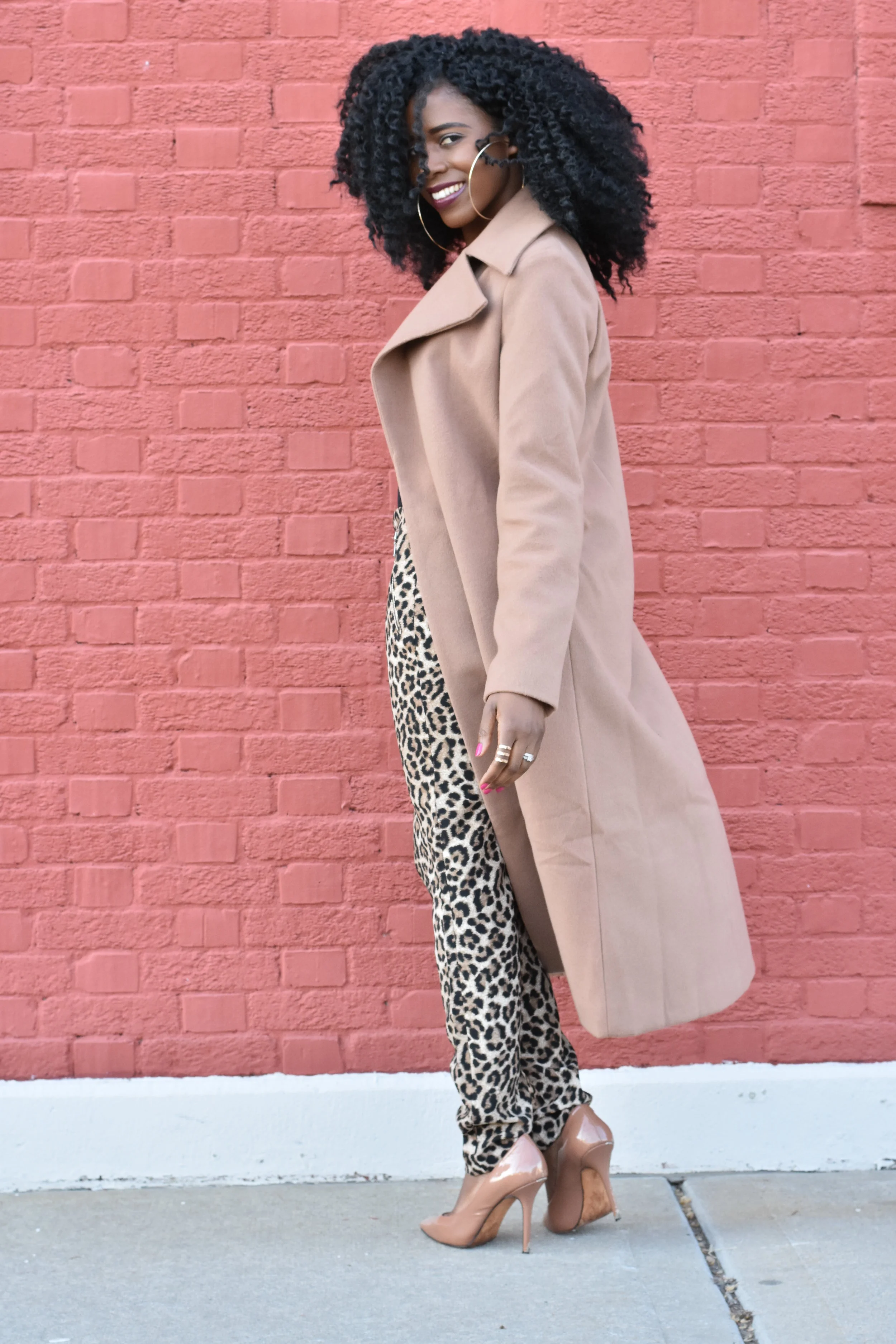 Tan Wool Coat with Leopard Print Pants