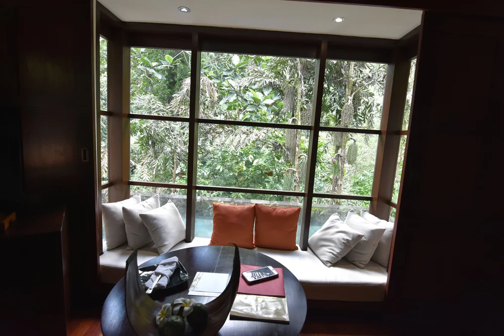  You can see the pool in the background from this huge window. 