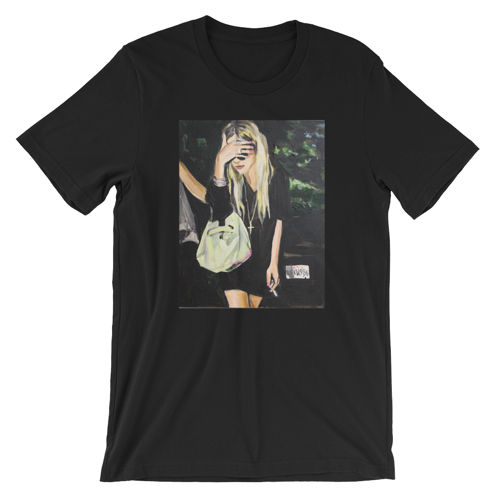 Laura_Collins_No.20_An_Olsen_Twin_Hiding_Behind_Her_Right_Hand_And_Smoking_mockup_Front_Wrinkled_Black.png