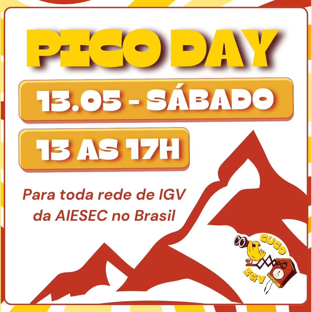 Alo Rede de IGV! Quero ver todo mundo no nosso Pico Day, S&aacute;bado 13.05 das 13 as 17h! 
Vamos nos preparar pra o maior e melhor pico de Interc&acirc;mbios! 
Se inscreve aqui: bit.ly/PicoDayCuco