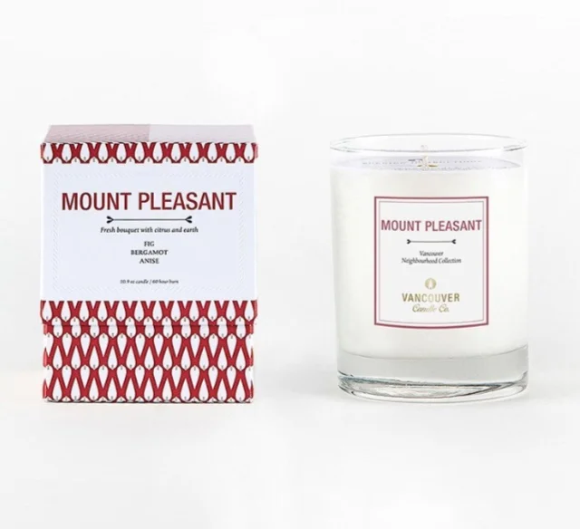 Vancouver Candle Co . Mount Pleasant Candle , $38, https://www.vancouvercandleco.com/ This candle has hints of fig, bergamot and anise and is my favourite candle in rotation at the moment. Even the box is perfect for Valentine's Day with its red decor. Each candle is handmade with premium soy wax and has a 60hr burn. 