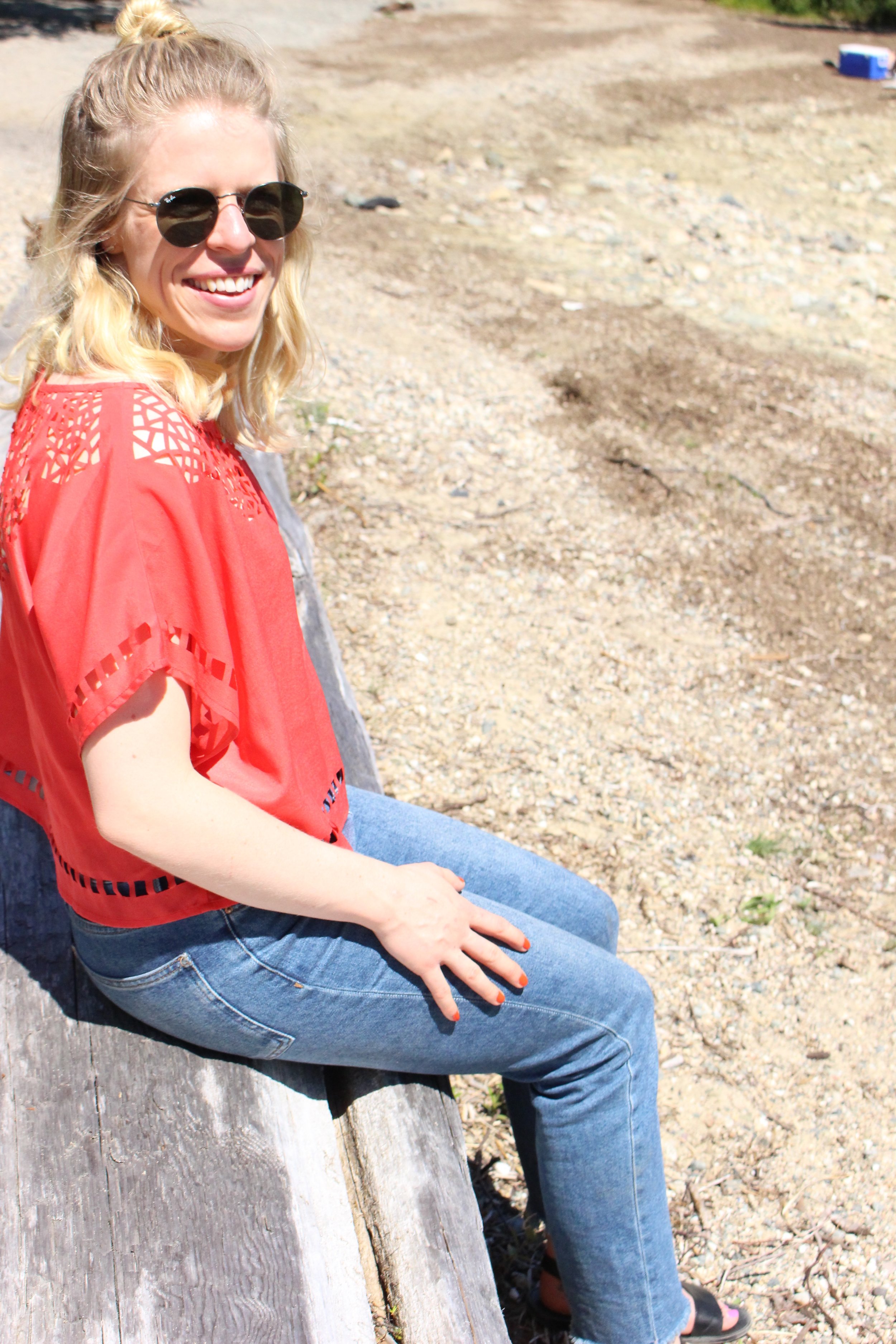 Coral Crop Top, Topshop Frayed Jeans, Black Steve Madden Sandals, Ray Ban Sunglasses