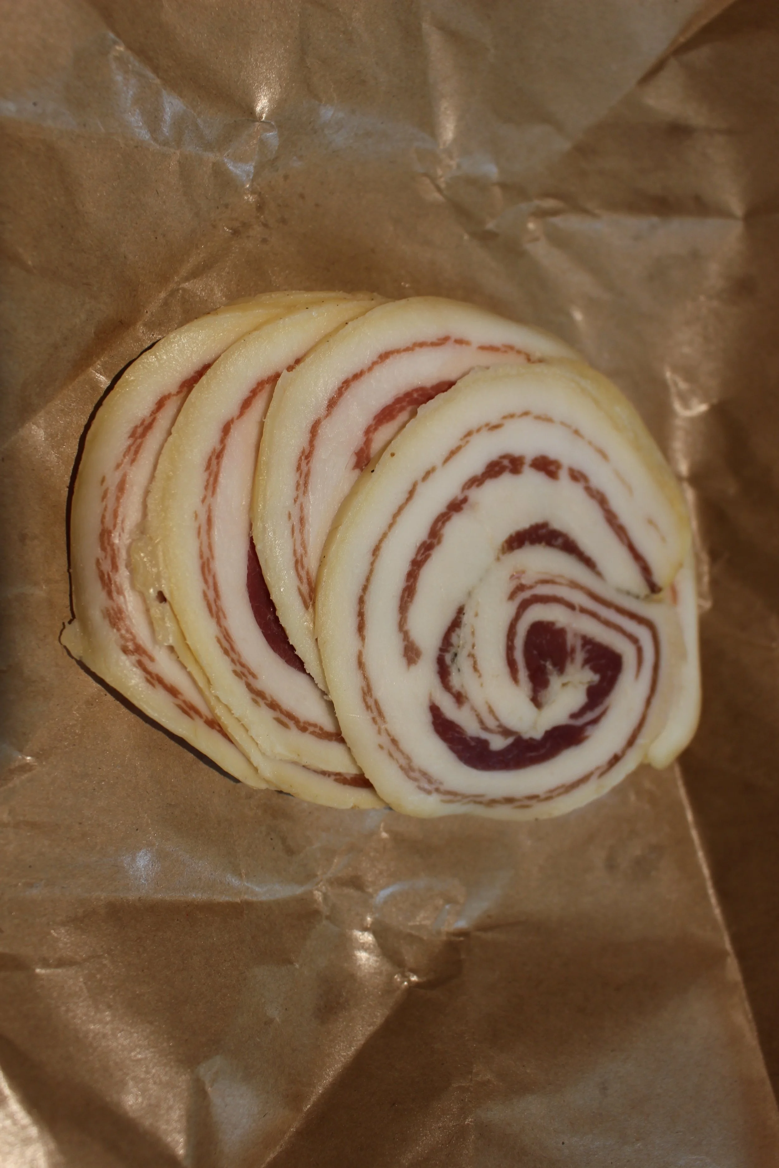 Pancetta bought locally from Picnic in Tofino
