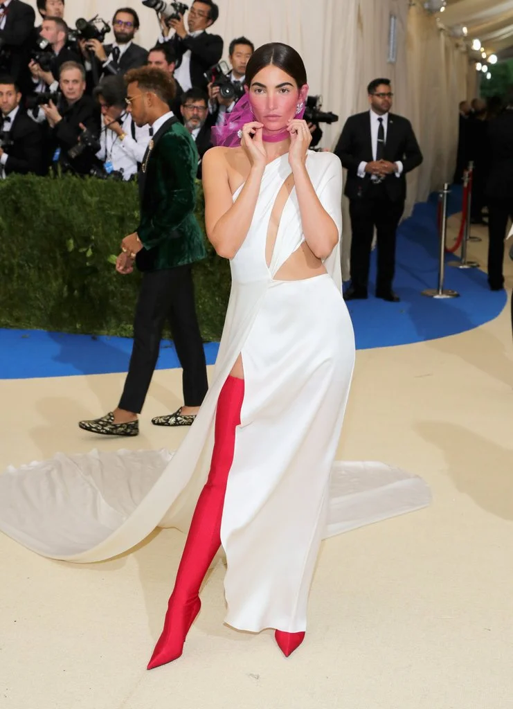 Lily Aldridge wearing Ralph Lauren dress and Balenciaga shoes