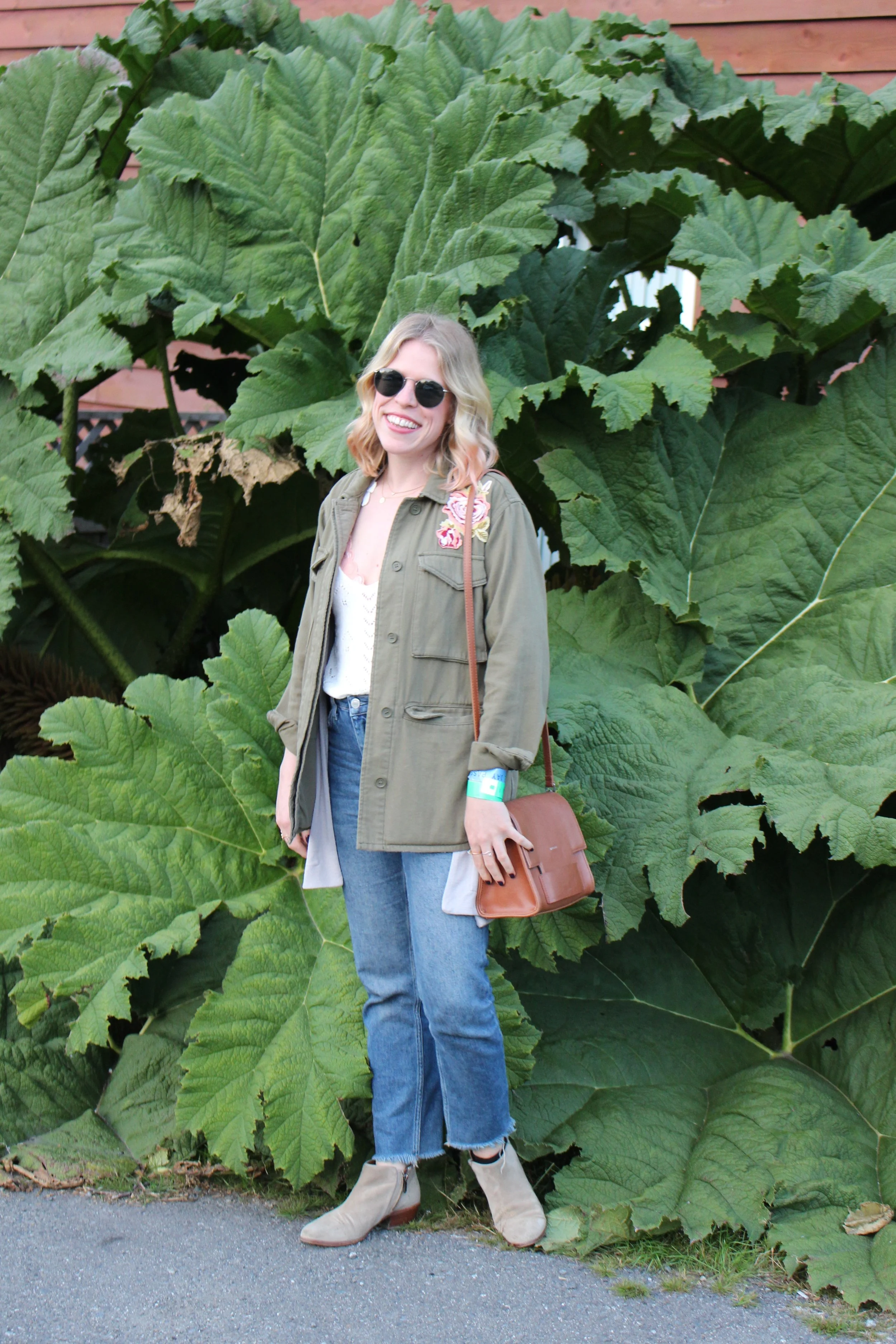 Topshop Anorak, Artizia Sweater, Topshop Knit Tank, Aerie Bralette, Topshop Frayed Jeans, Sam Edelman Booties, Matt & Nat Purse, Ray Ban Sunglasses