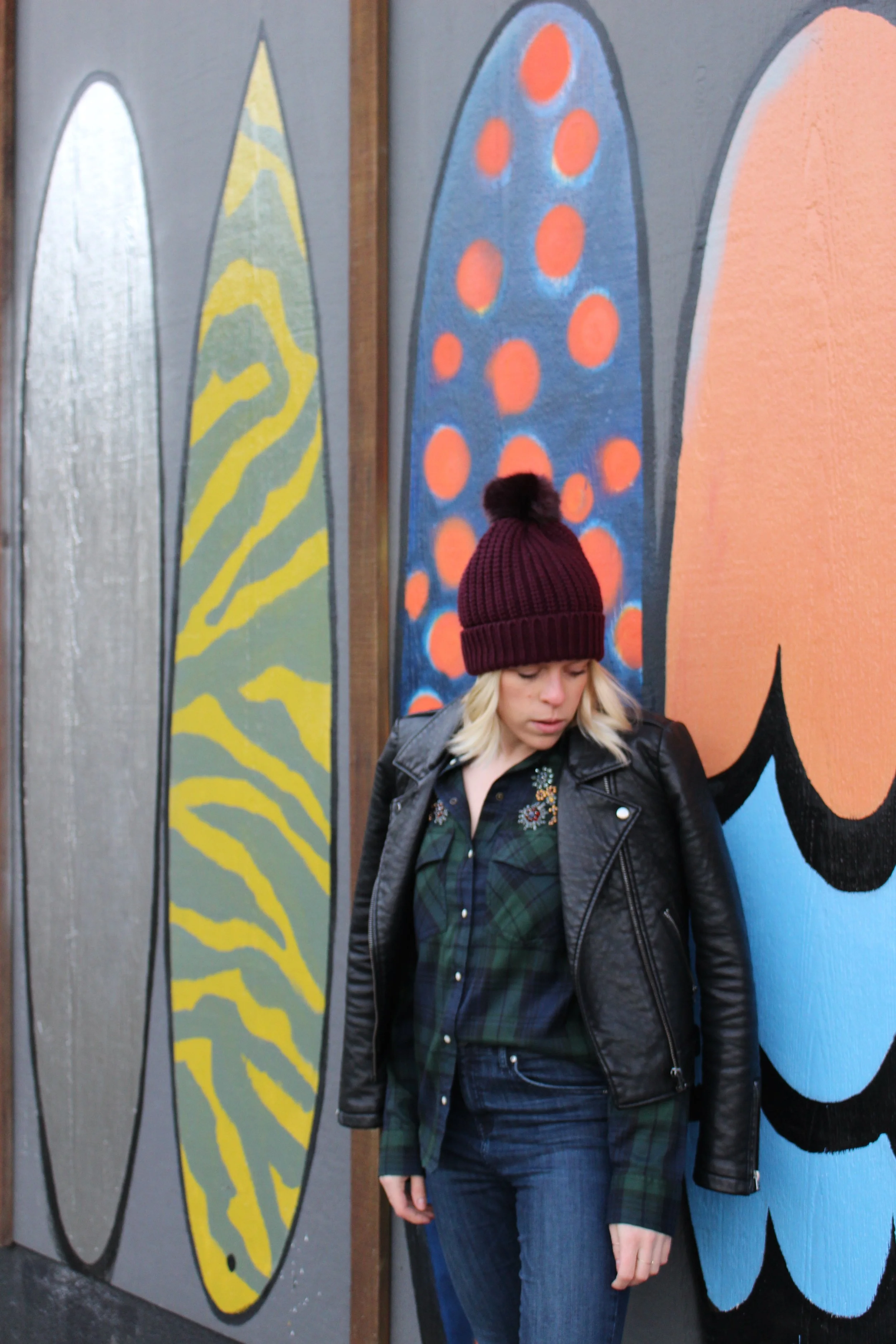 Zara Embellished Plaid Shirt, River Island Bobble Toque, Topshop Skinny Jeans, Topshop Leather Chelsea Boots, Topshop Faux Leather Jacket (not pictured here)