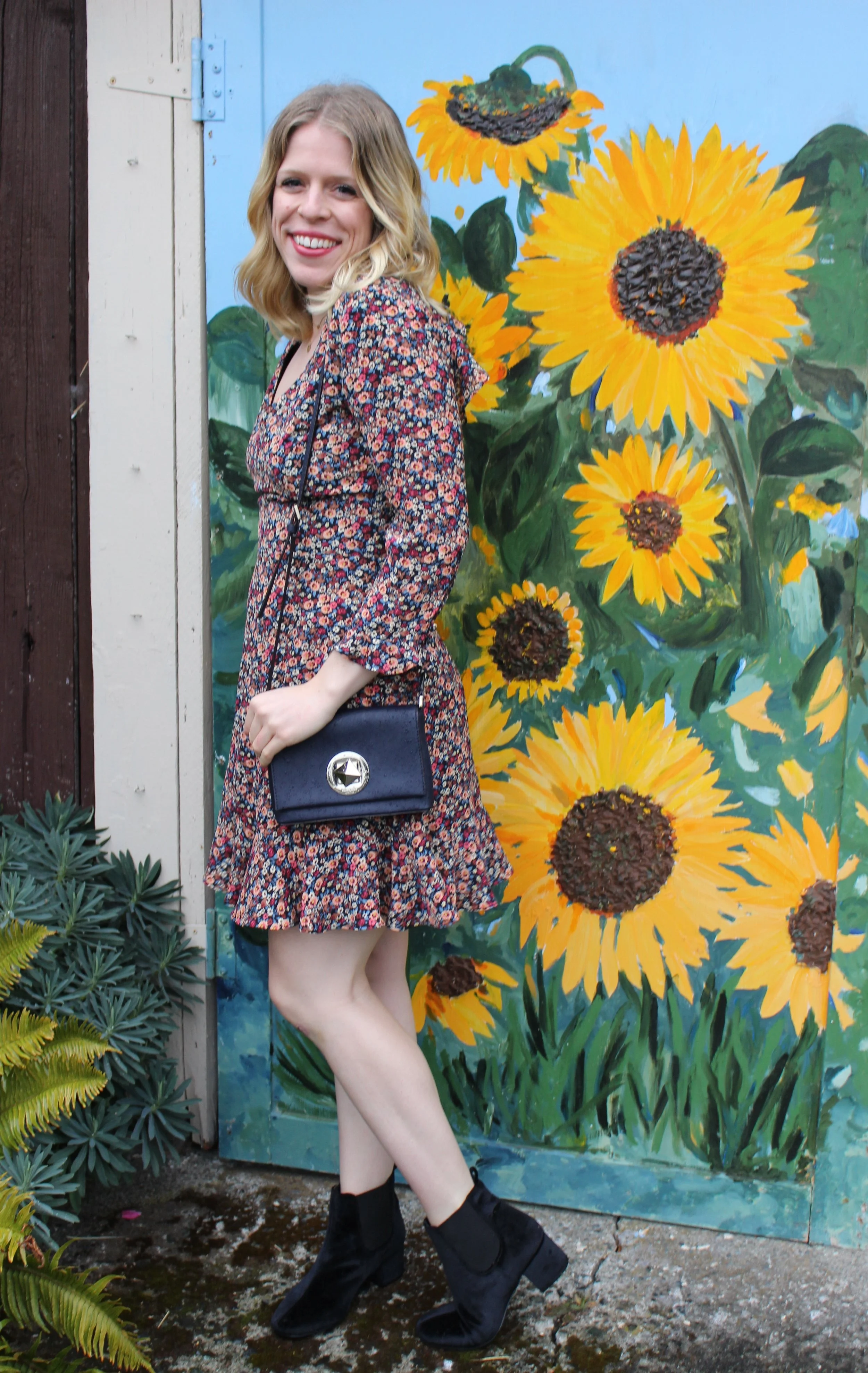 Topshop Floral Dress, Office Navy Velvet Booties, Kate Spade New York Navy Purse