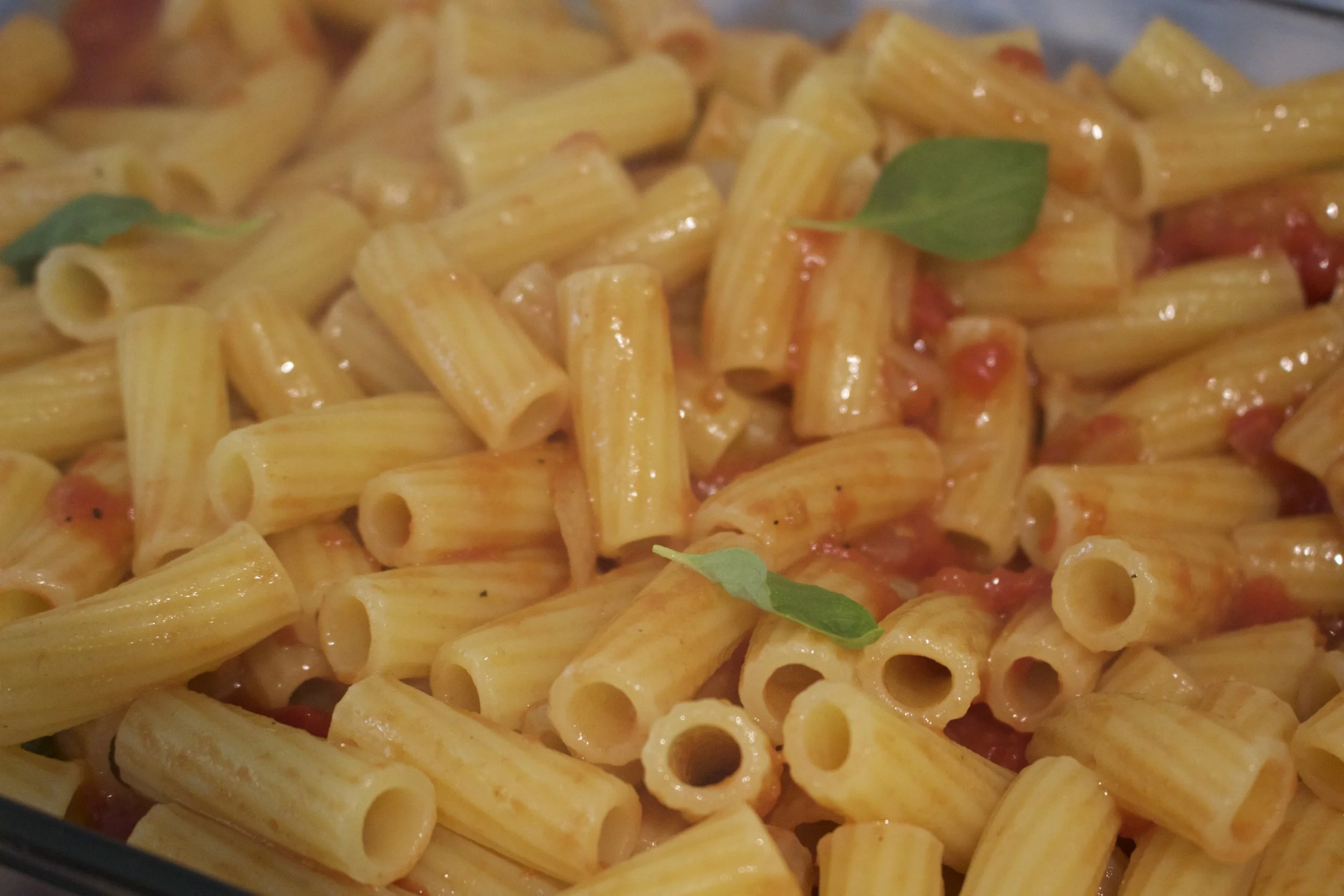 Pasta covered in sauce with fresh basil