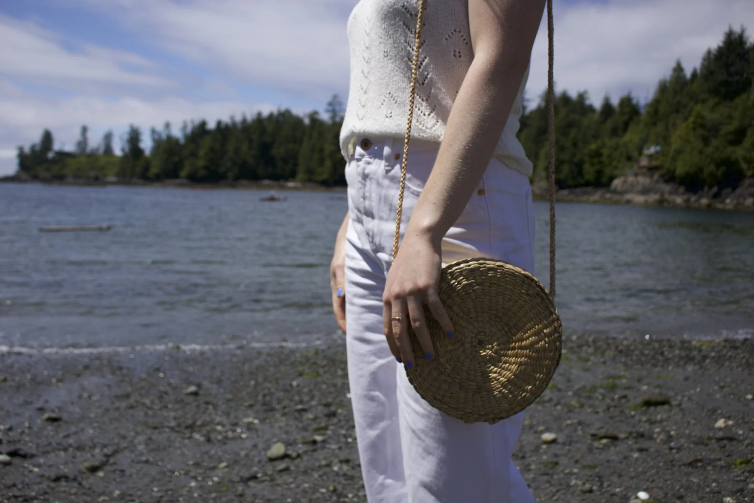 Knit tank by Topshop , Basket bag from Bangkok, White Jeans from River Island
