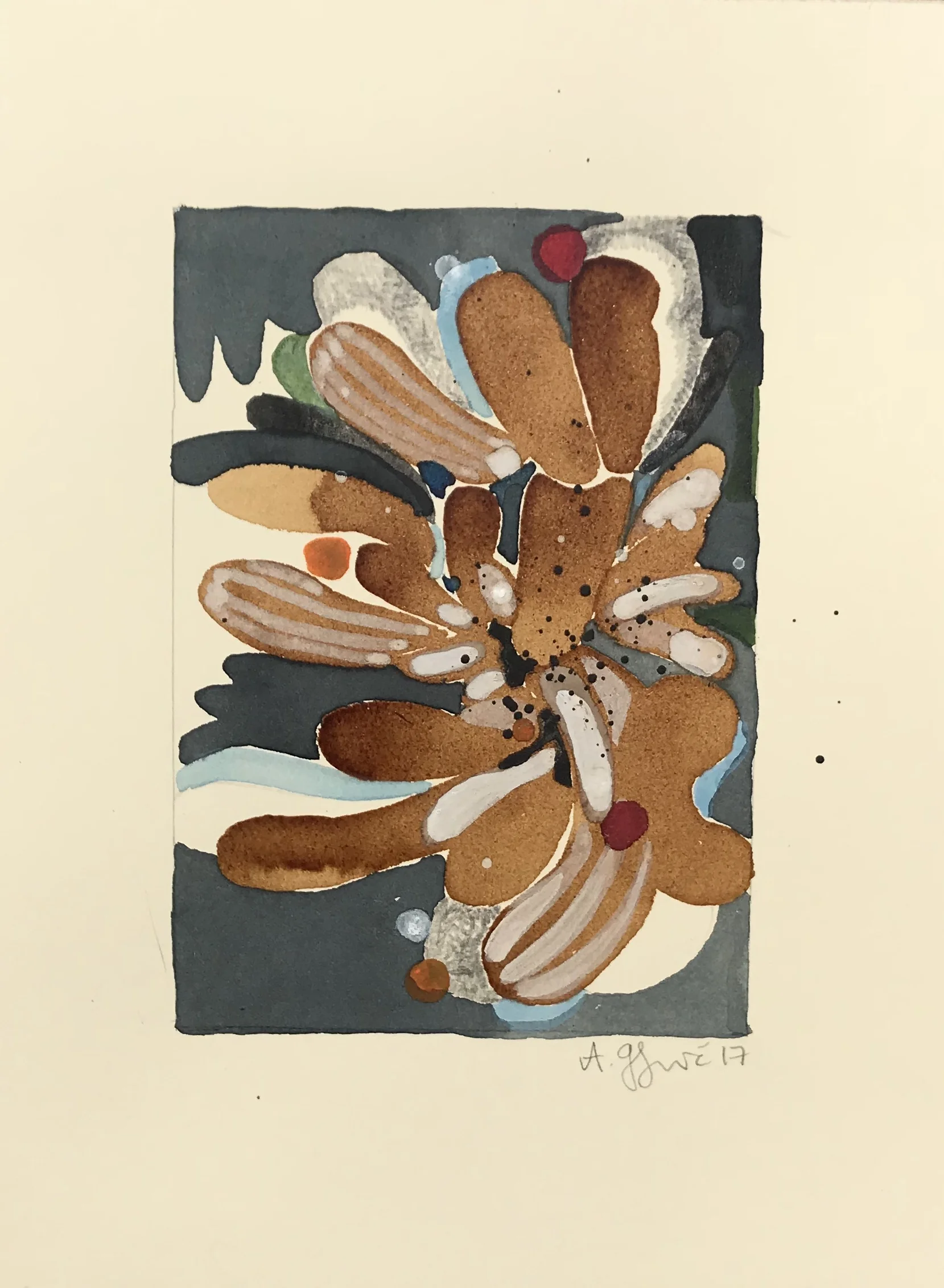Untitled, 10x7.5 inches, mixed media including coffee, watercolor, ink and acrylic on paper, 2017