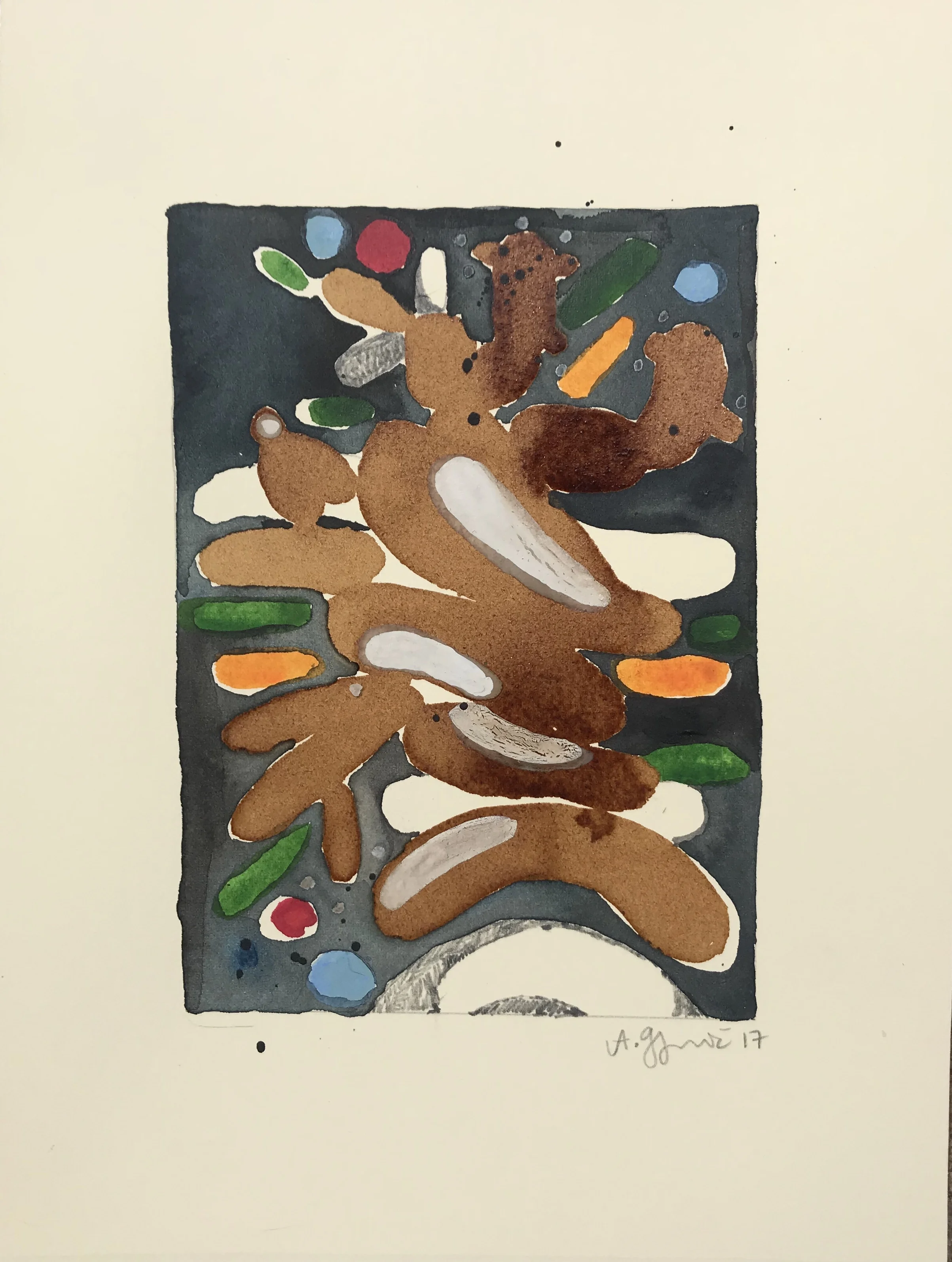 Untitled, 10x7.5 inches, mixed media including coffee, watercolor, ink and acrylic on paper, 2017