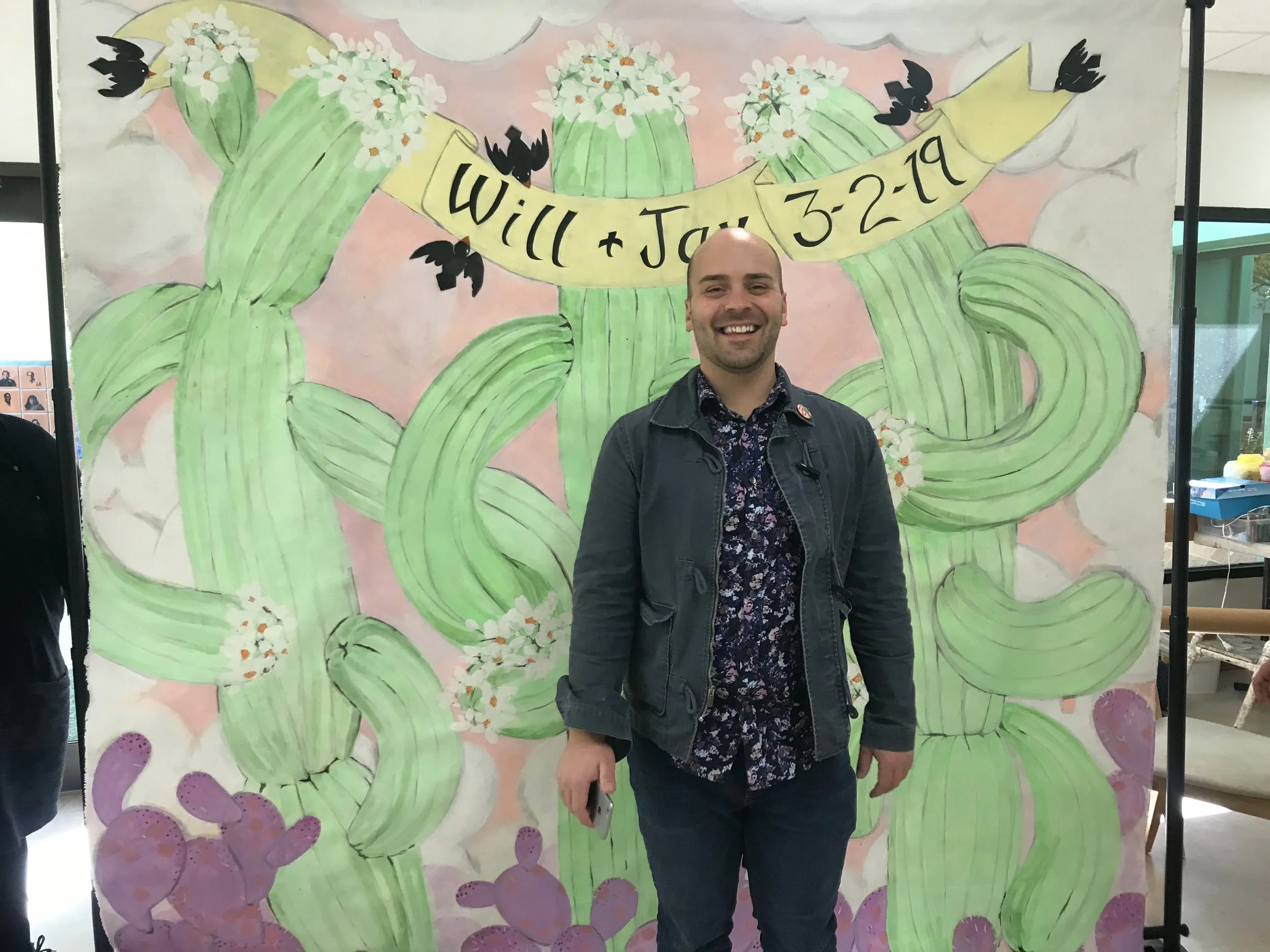 8ft x 8ft Comissioned photography backdrop for wedding, acrylic on canvas, 2019 Image of backdrop with natural light.