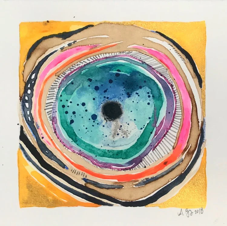 Evil Eye, 7.5x7.5 inches, mixed media on paper, 2018