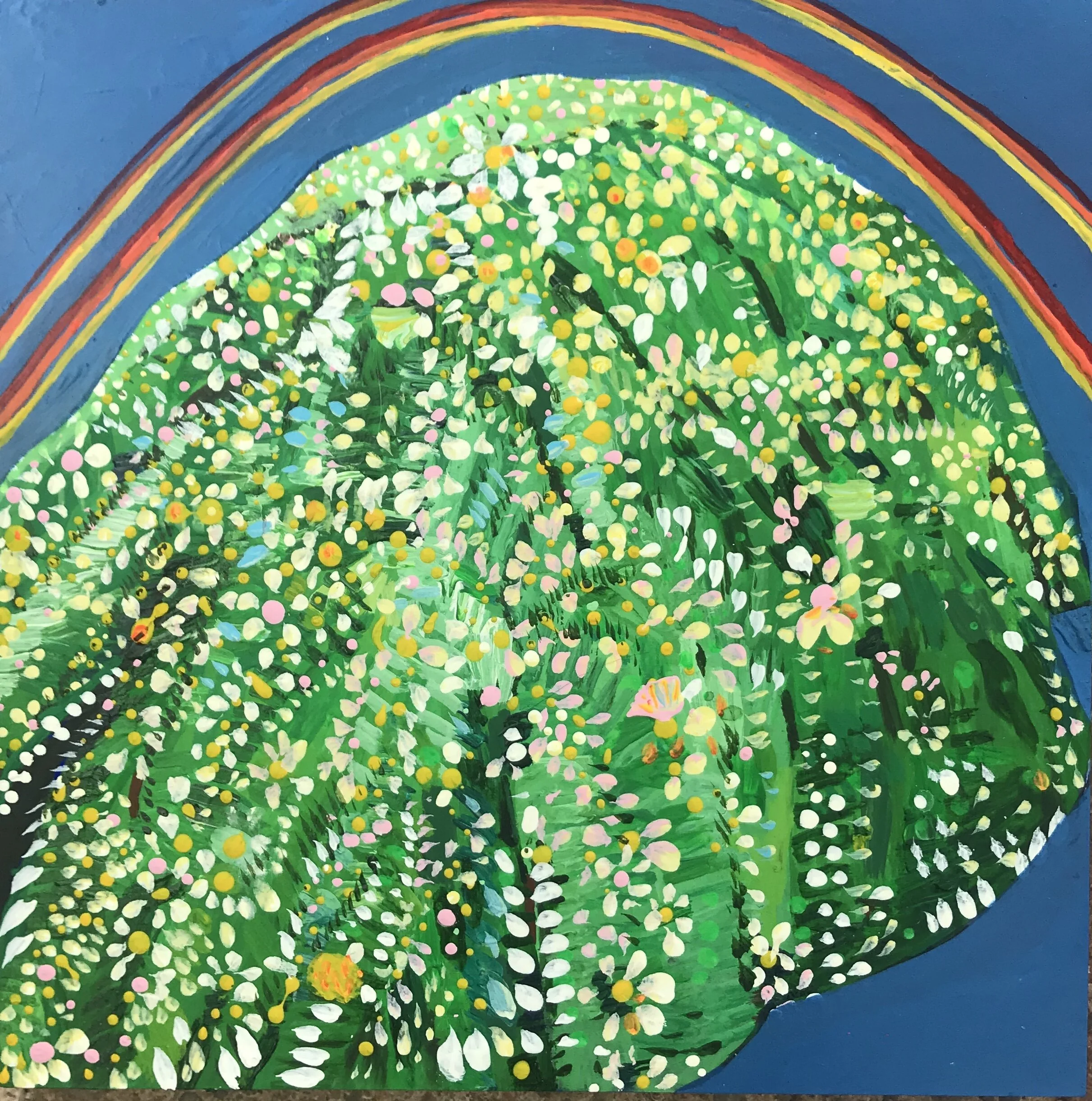   Flower Mound for World Peace   8x8”  Mixed media on panel  2020 