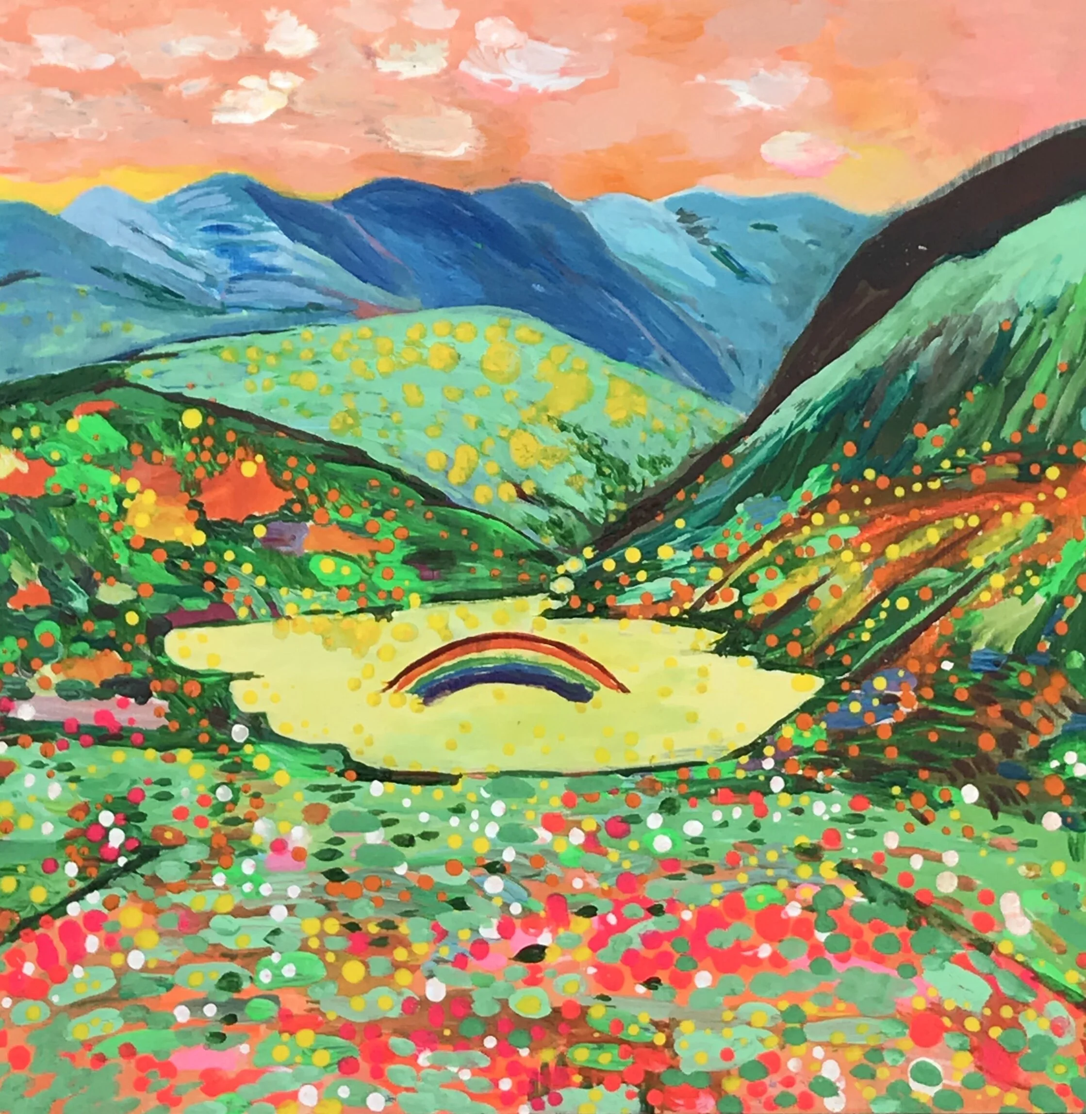   Rainbow on Golden Pond   8x8”  Mixed media on panel  2020 