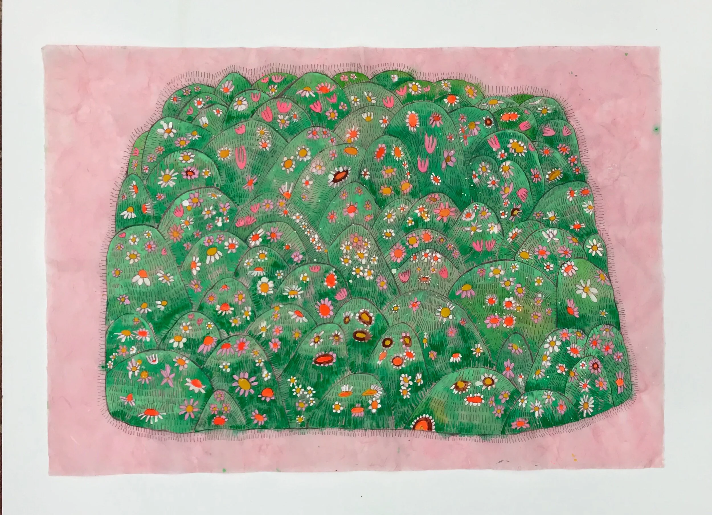   Flower Mound on Pink    25x36.5”  Mixed media on paper  2020 