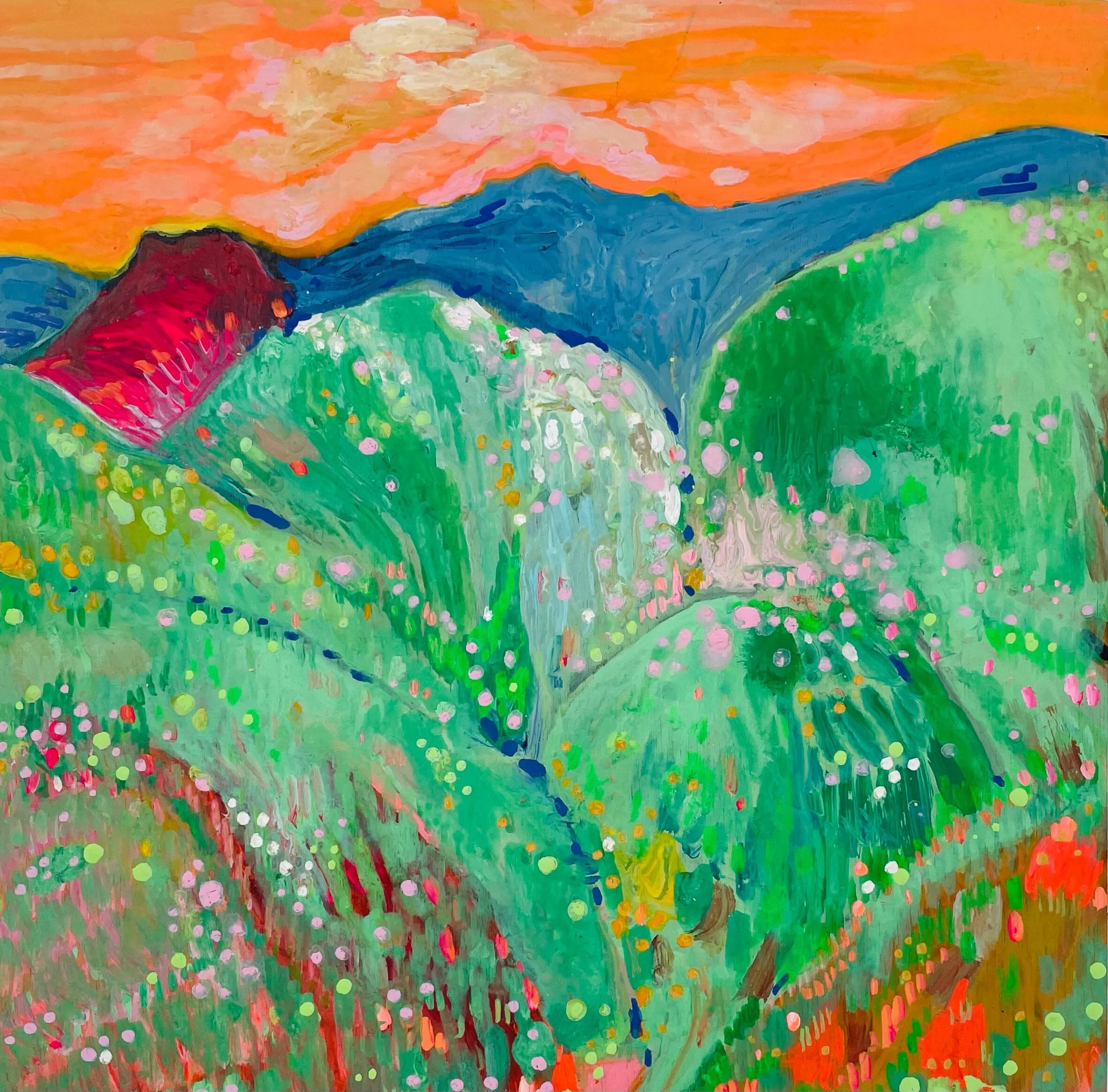   Blooms on Steep Slopes   8x8”  Mixed media on panel  2021 