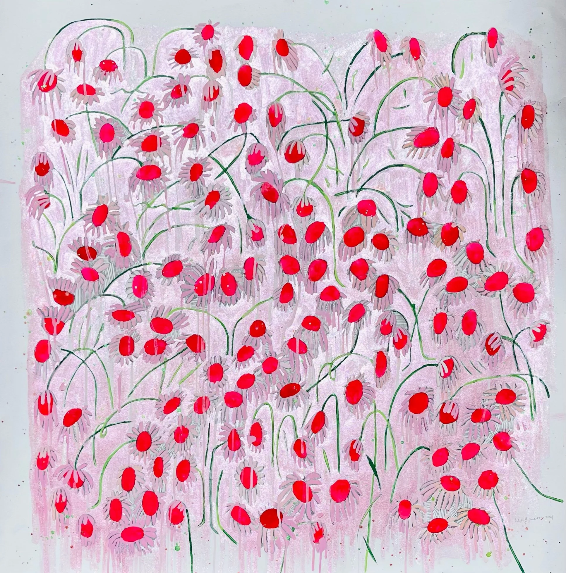   Hot Mess of Flowers   30x30”  Mixed media on paper  2021 