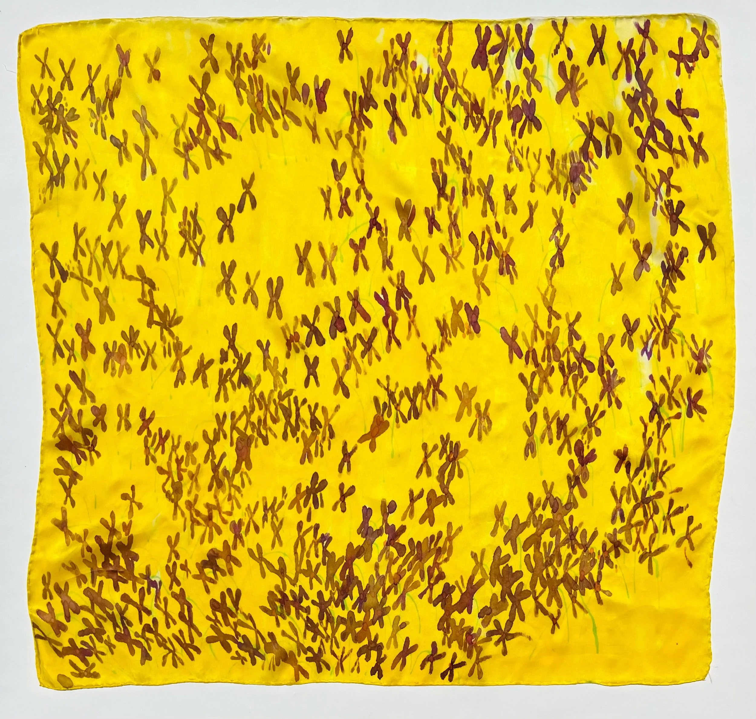  Violets on Gold- $300  35x35”  Dye in silk  2024 