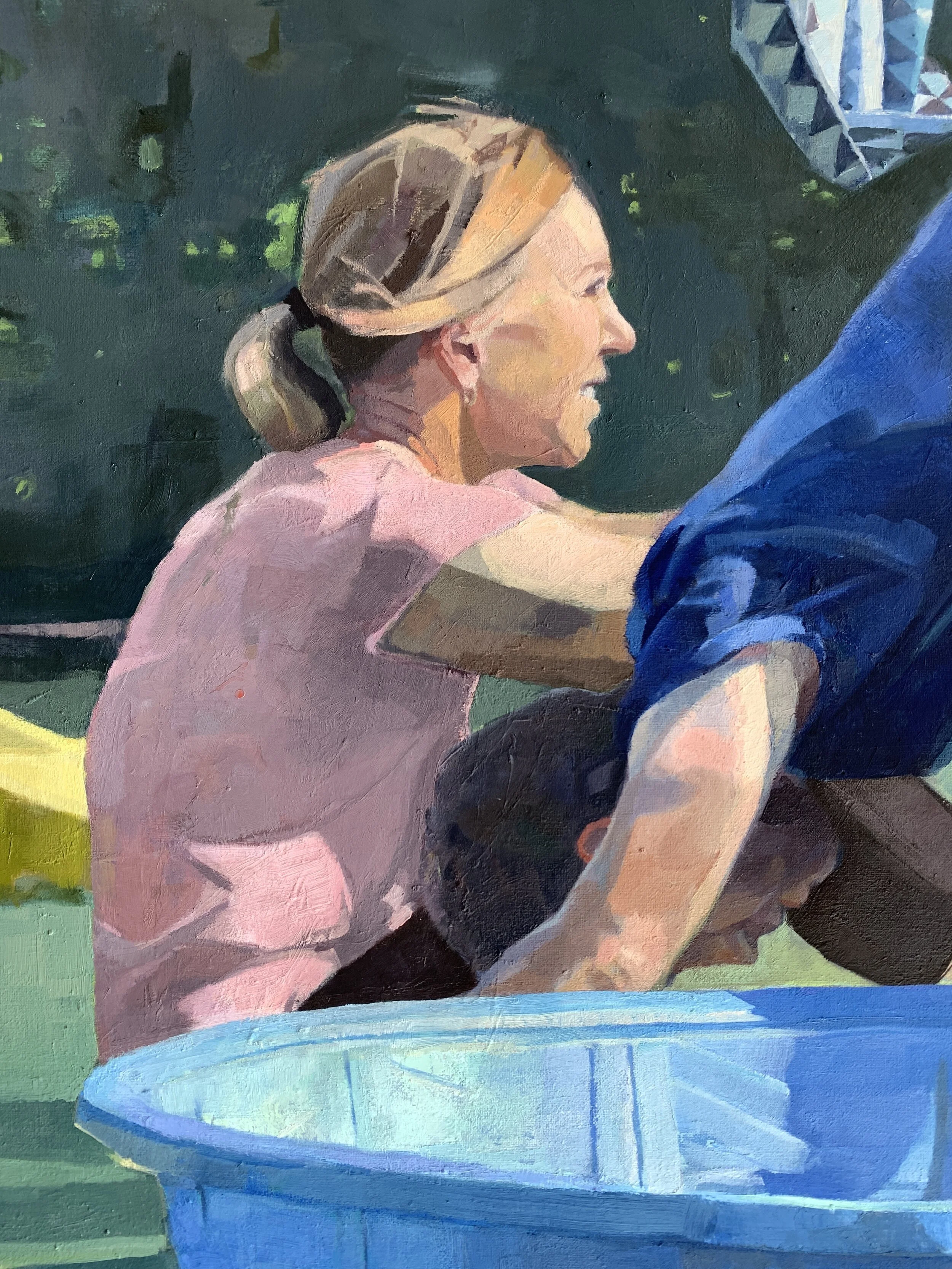 Image of a painting of a woman sitting the grass in front of a plastic pool 