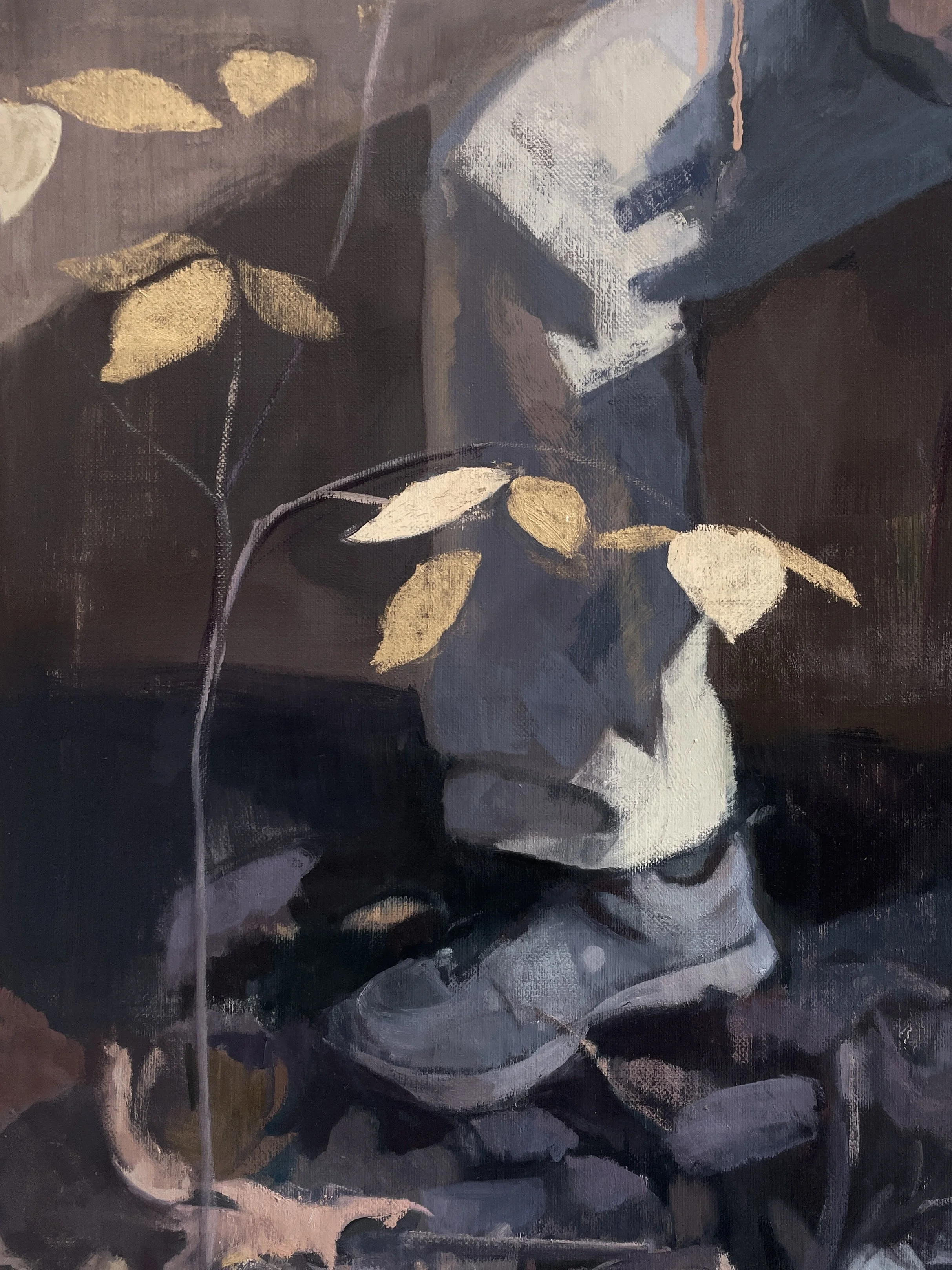 Painting of a mans foot in the woods