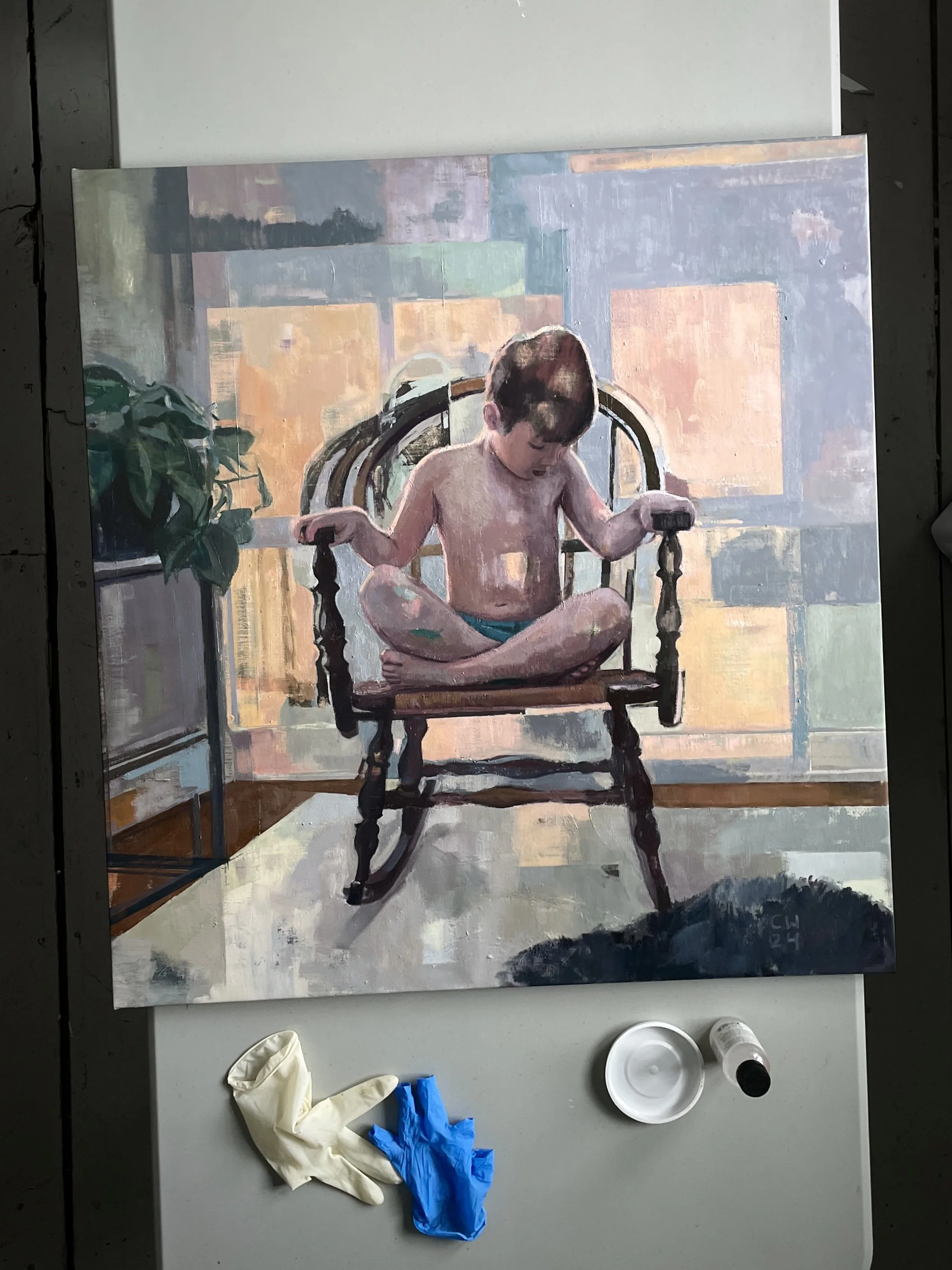  painting of child in chair 