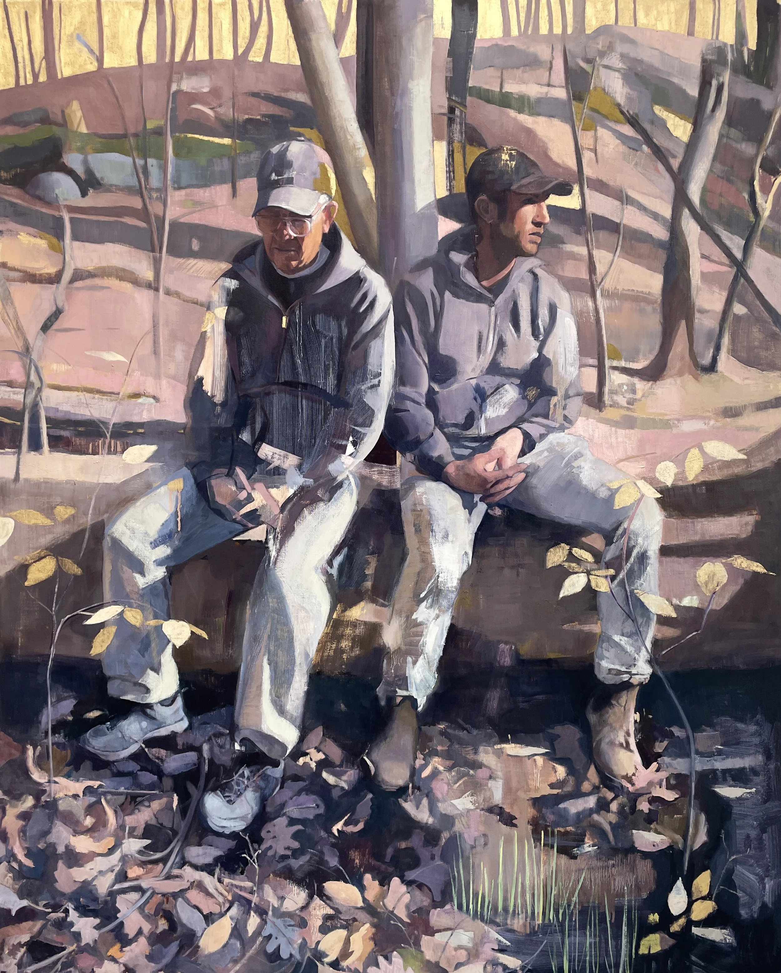 painting of two men sitting on a log in the woods