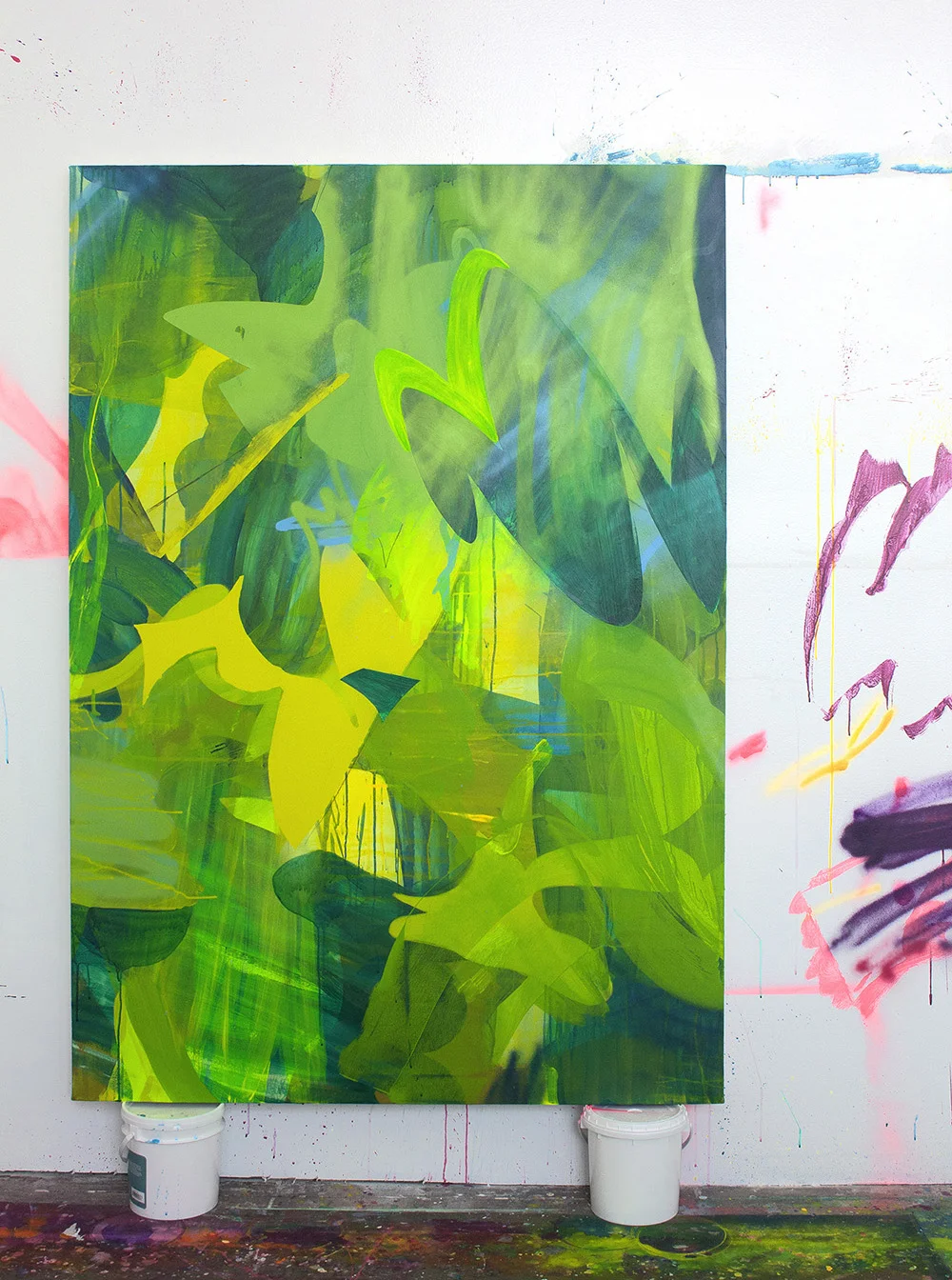 Jolt , 68" x 48," acrylic, spray paint, collage on canvas, 2017