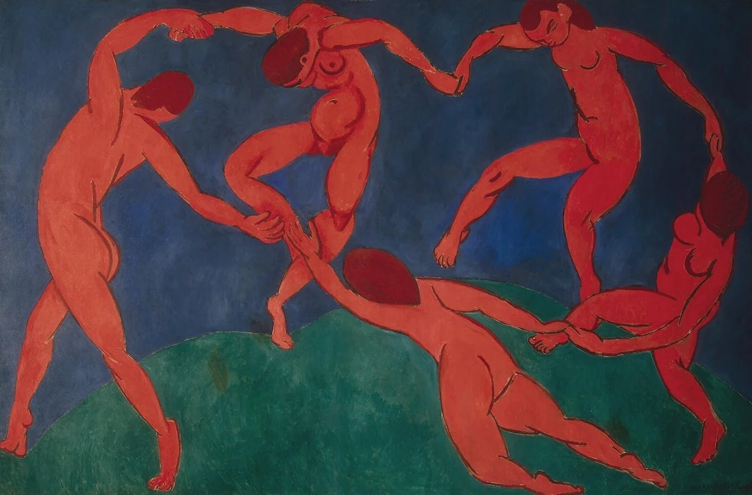 Hand-painted oil reproduction of Matisse's The Dance. Red figures on blue background. Not a print.