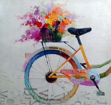 Rear Wheel with Flowers - - Handmade Oil Painting on Canvas - Wall Art