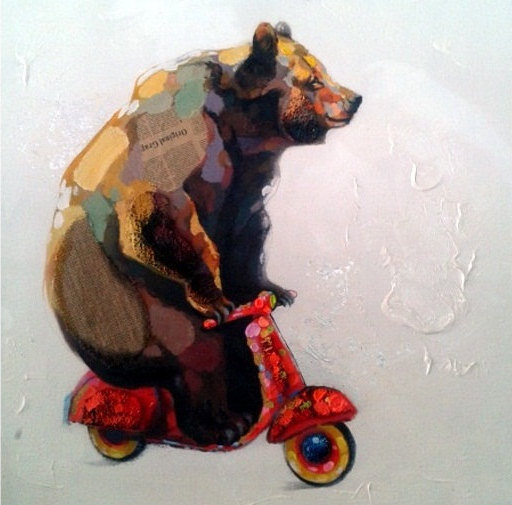 Enormous Bear Driving a Small Scooter - Handmade Oil Painting on Canvas - Wall Art