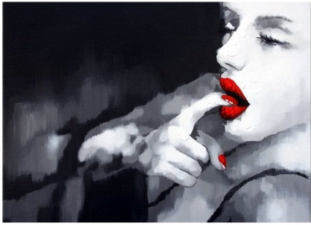 Seductive Woman with Red Lips- Handmade Oil Painting on Canvas - Wall Art
