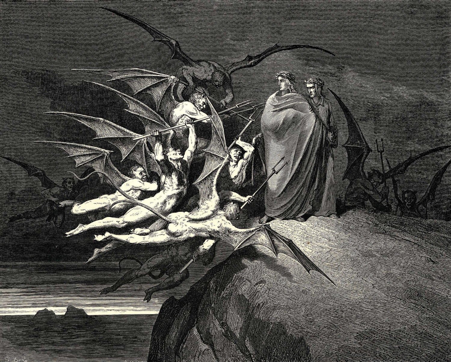 The Inferno, Canto 21 by Gustave Dore- Famous Art - Handmade Oil Painting on Canvas