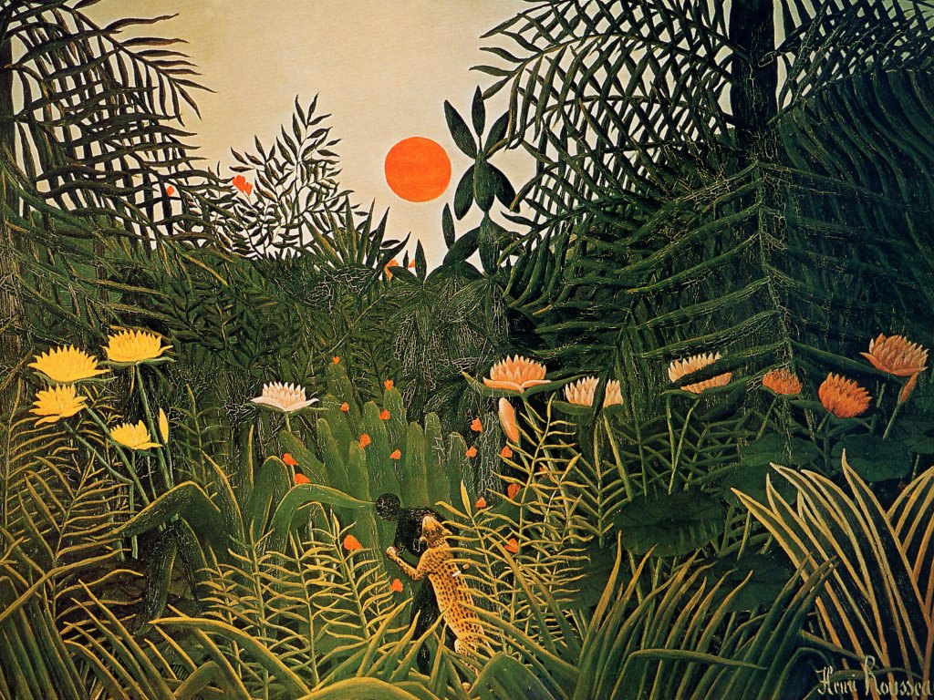 Negro Attacked by a Jaguar by Henri Rousseau- Famous Art - Handmade Oil Painting on Canvas