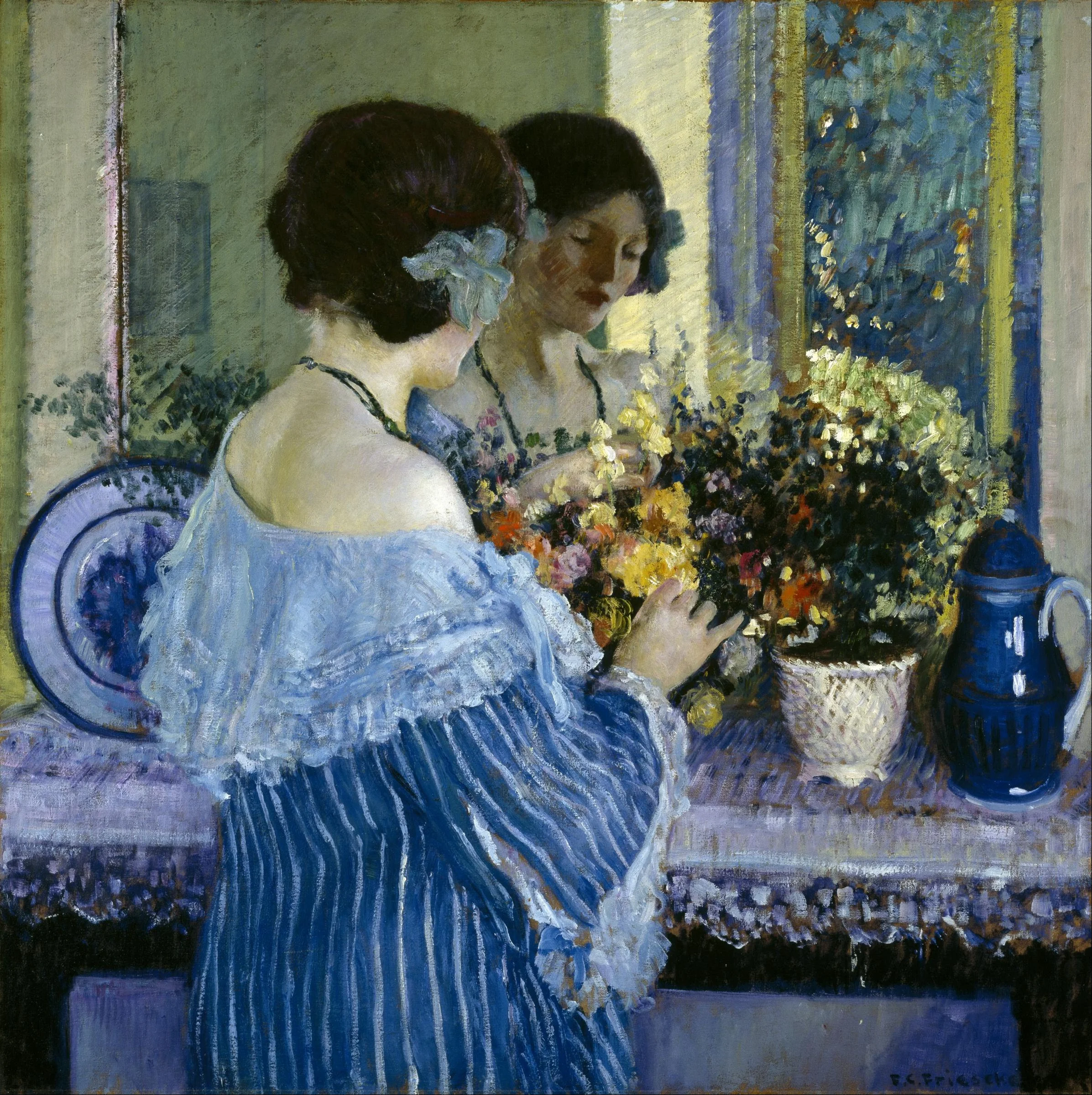 girl-in-blue-arranging-flowers-by-frederick-carl-frieseke-famous-art-handmade-oil-painting-on-canvas